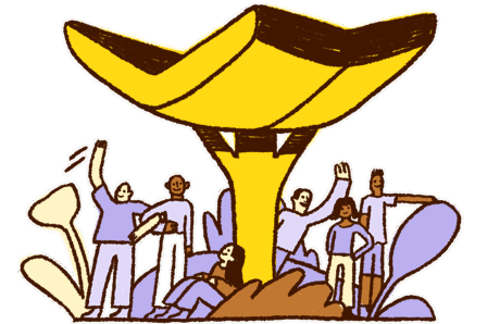 Illustration d’un groupe joyeux de personnes se rencontrant près d’une borne de recharge électrique